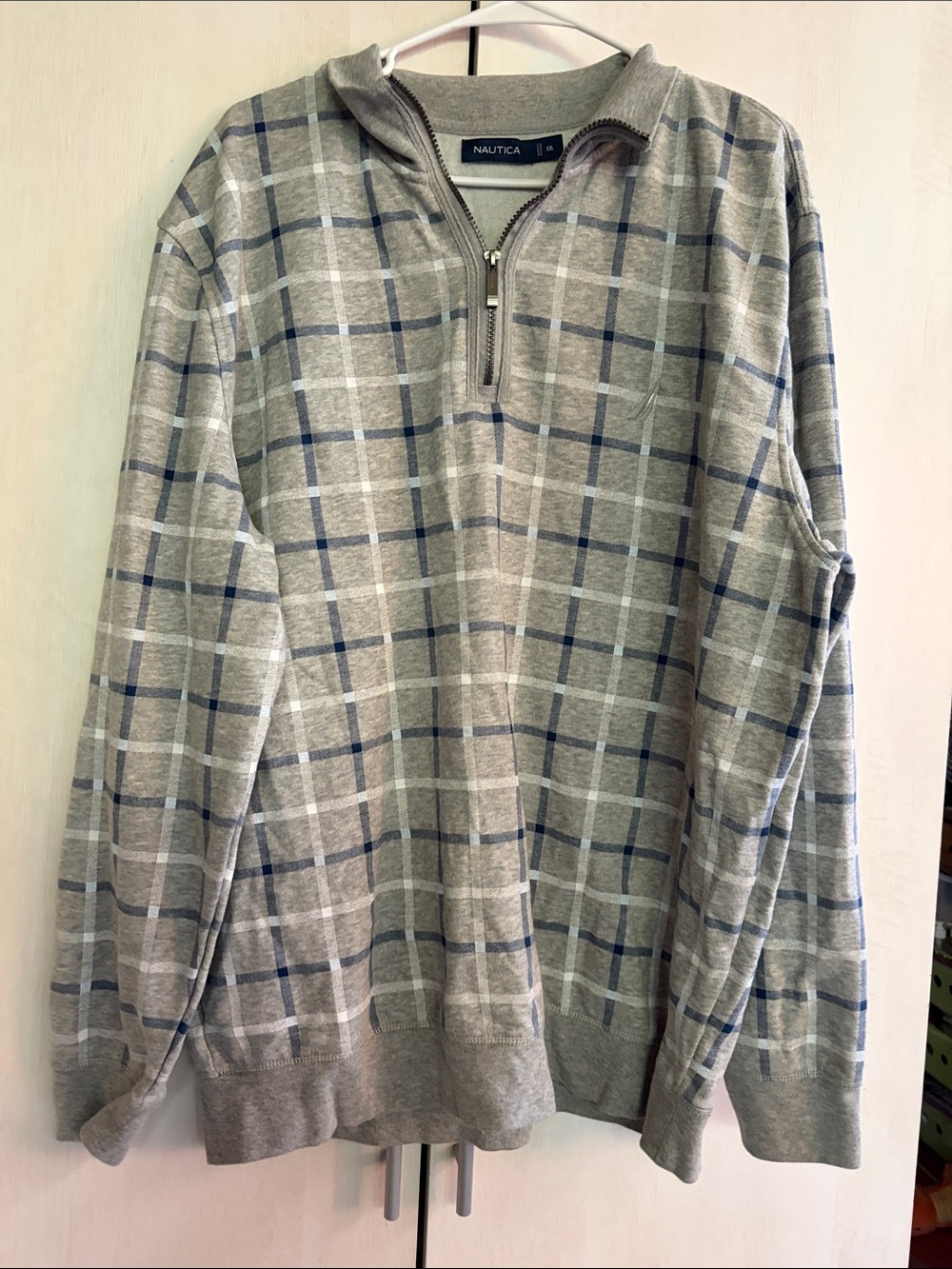 Nautica Men's Light Gray Plaid Zip-Up Sweater with Navy Accents